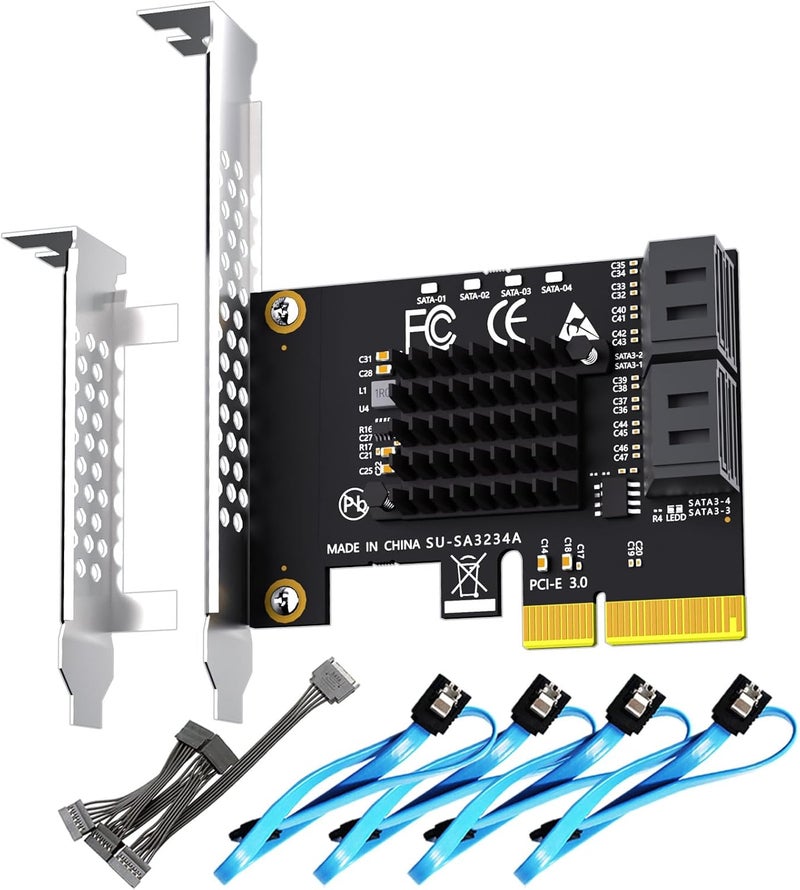 GLOTRENDS بطاقة توسيع SATA 4 - منفذ PCIe X4 مع كابلات SATA والطاقة، متوافقة مع Windows وLinux وMac OS وNAS - Image 1